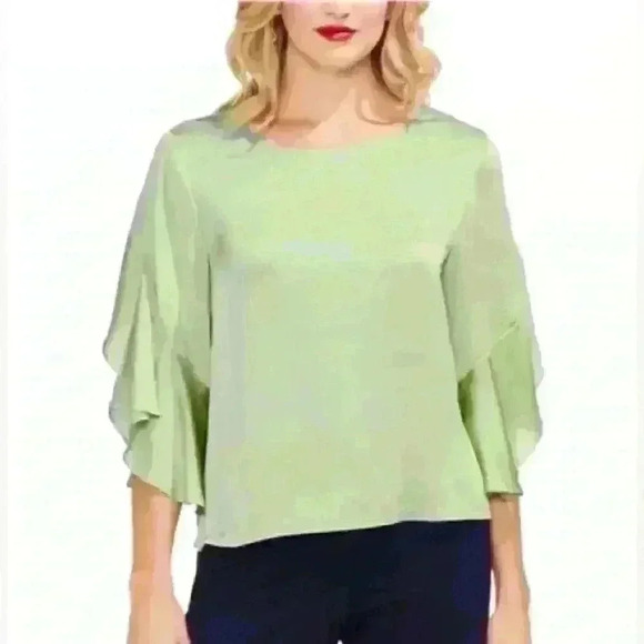 Vince Camuto Sage Green Fly-away Ruffle Tulip Sleeve Satin-Like Blouse, M - Picture 1 of 9